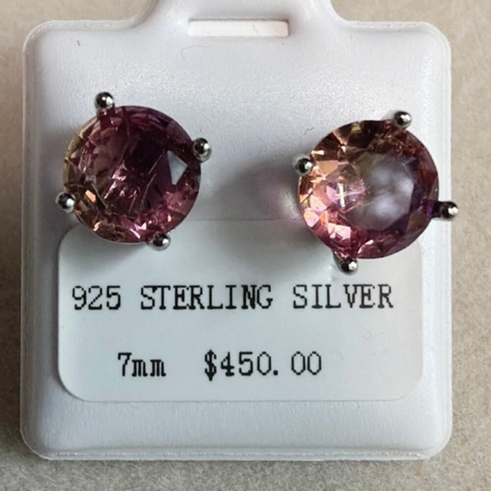 Mystic Pink Yellow Moissanite Sterling Silver Round Stud Earrings 7mm